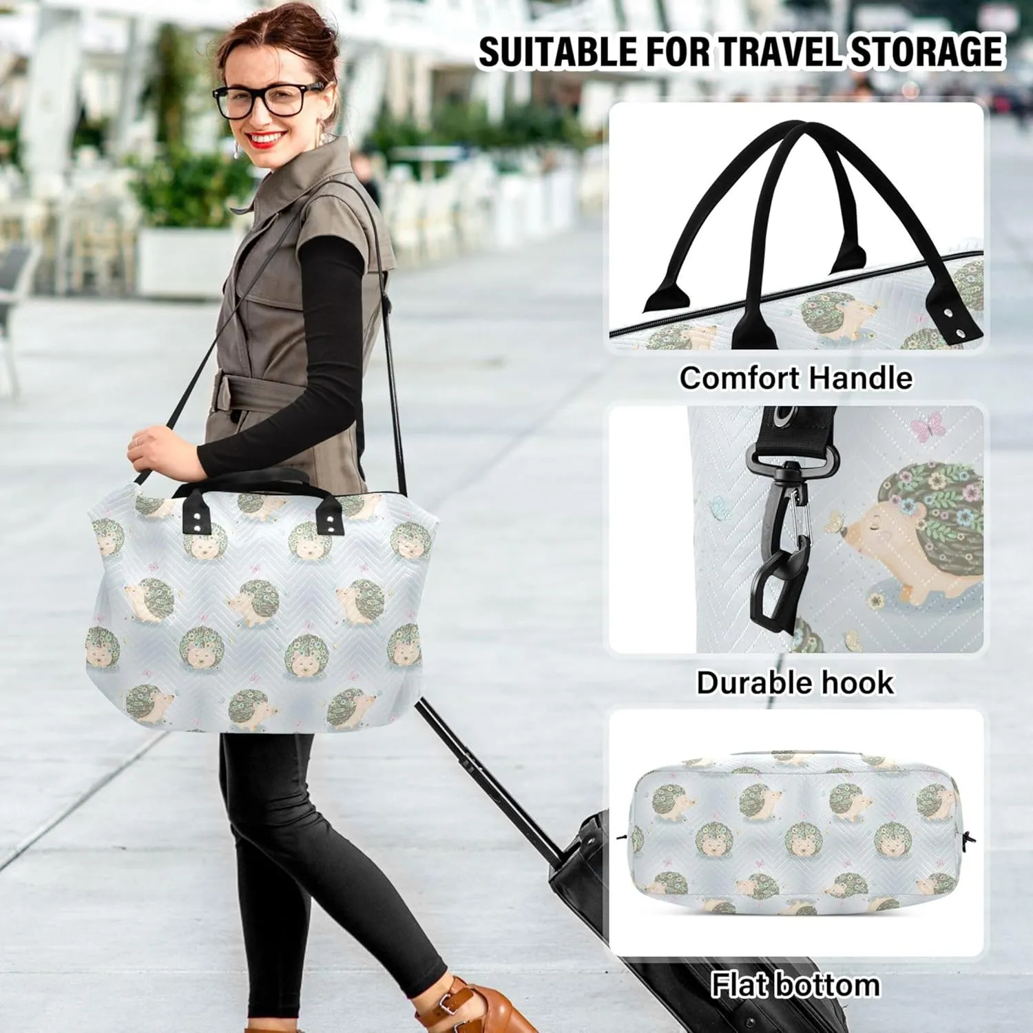 Cute Hedgehogs Flowers Animals Duffel Bags for Traveling Toiletry Bags Set, Cute Print Luggage Bag Weekender Travel Bag