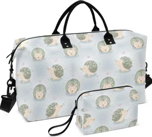 Cute Hedgehogs Spring Flowers Travel Duffel Bags Make up Bags Set, Flower Womens Sports Duffle Bag Weekend Bag Duffel