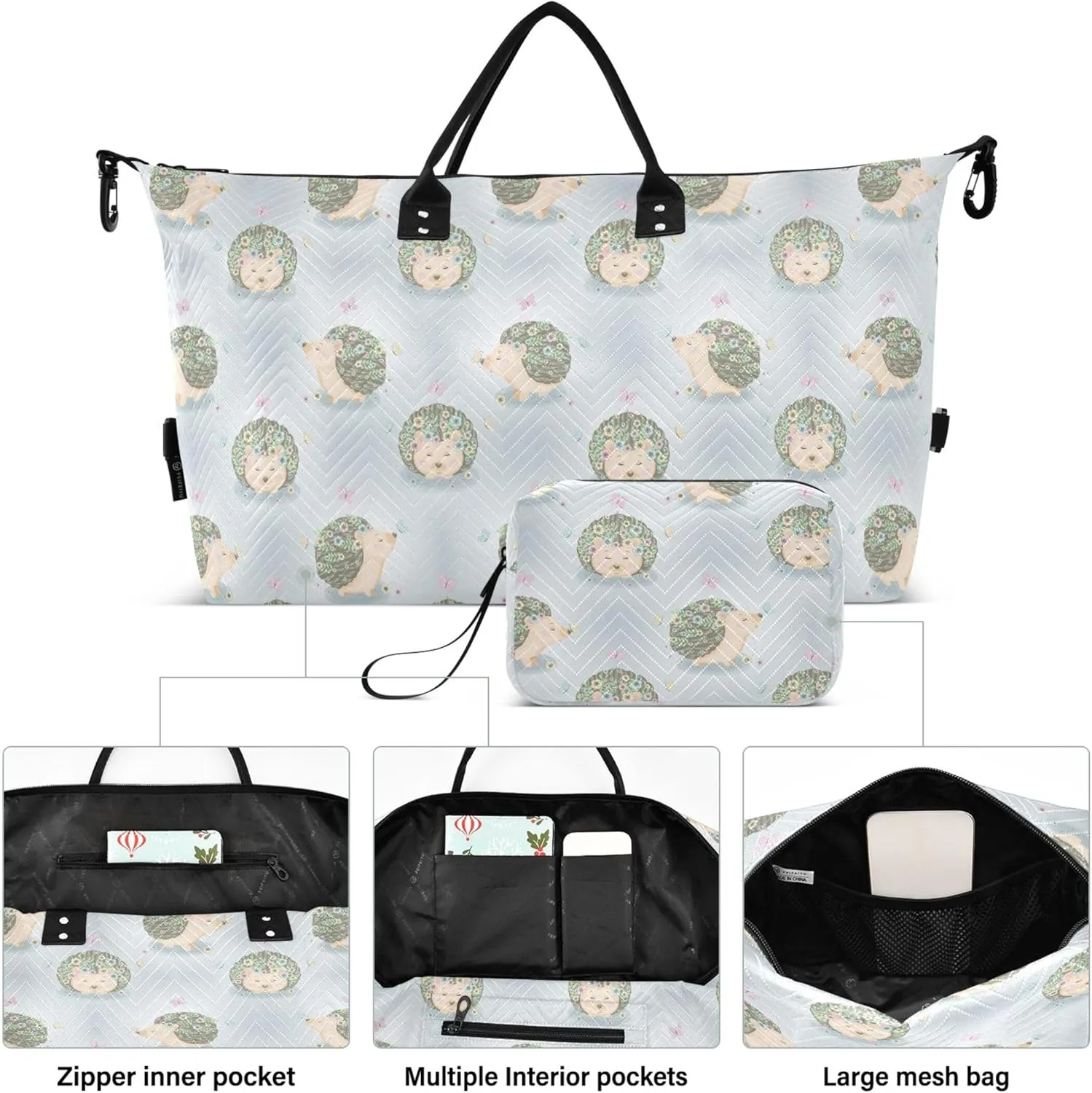 Cute Hedgehogs Spring Flowers Travel Duffel Bags Make up Bags Set, Flower Womens Sports Duffle Bag Weekend Bag Duffel
