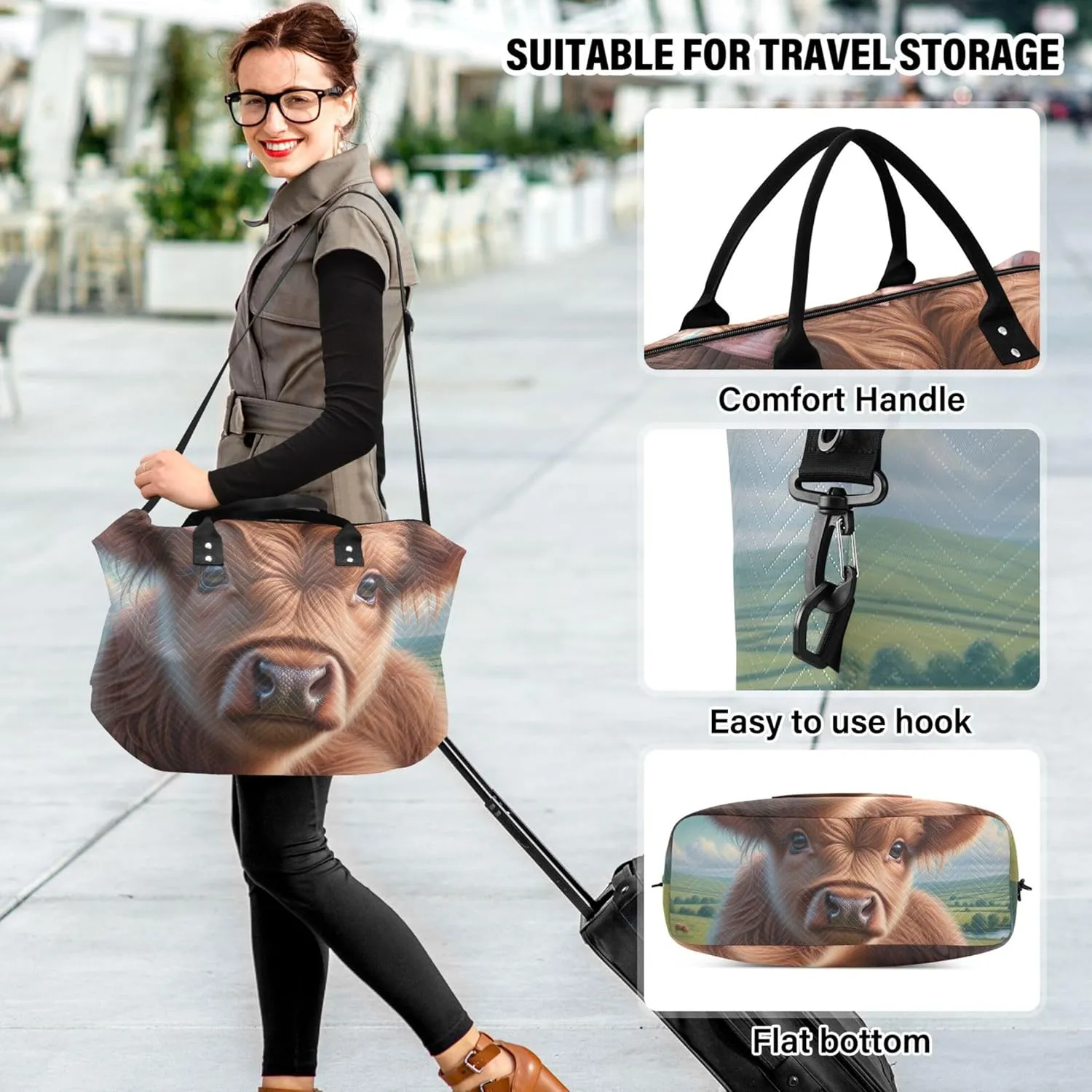 Cute Highland Calf Cow Travel Duffle Women Cosmetic Pouch Set of 2, Decorative Sports Bag Carry on Duffle