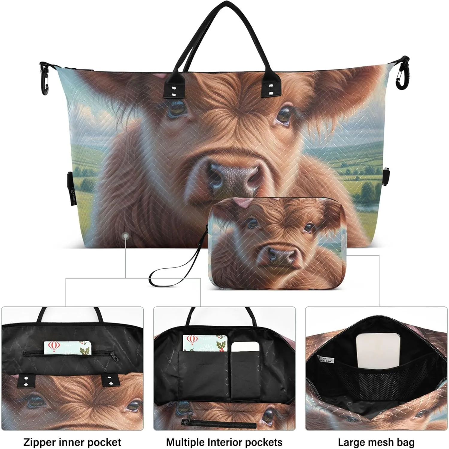 Cute Highland Calf Cow Travel Duffle Women Cosmetic Pouch Set of 2, Decorative Sports Bag Carry on Duffle
