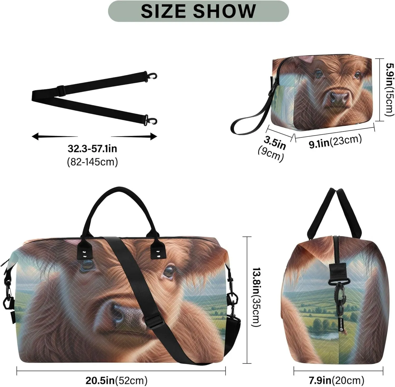 Cute Highland Calf Cow Travel Duffle Women Cosmetic Pouch Set of 2, Decorative Sports Bag Carry on Duffle