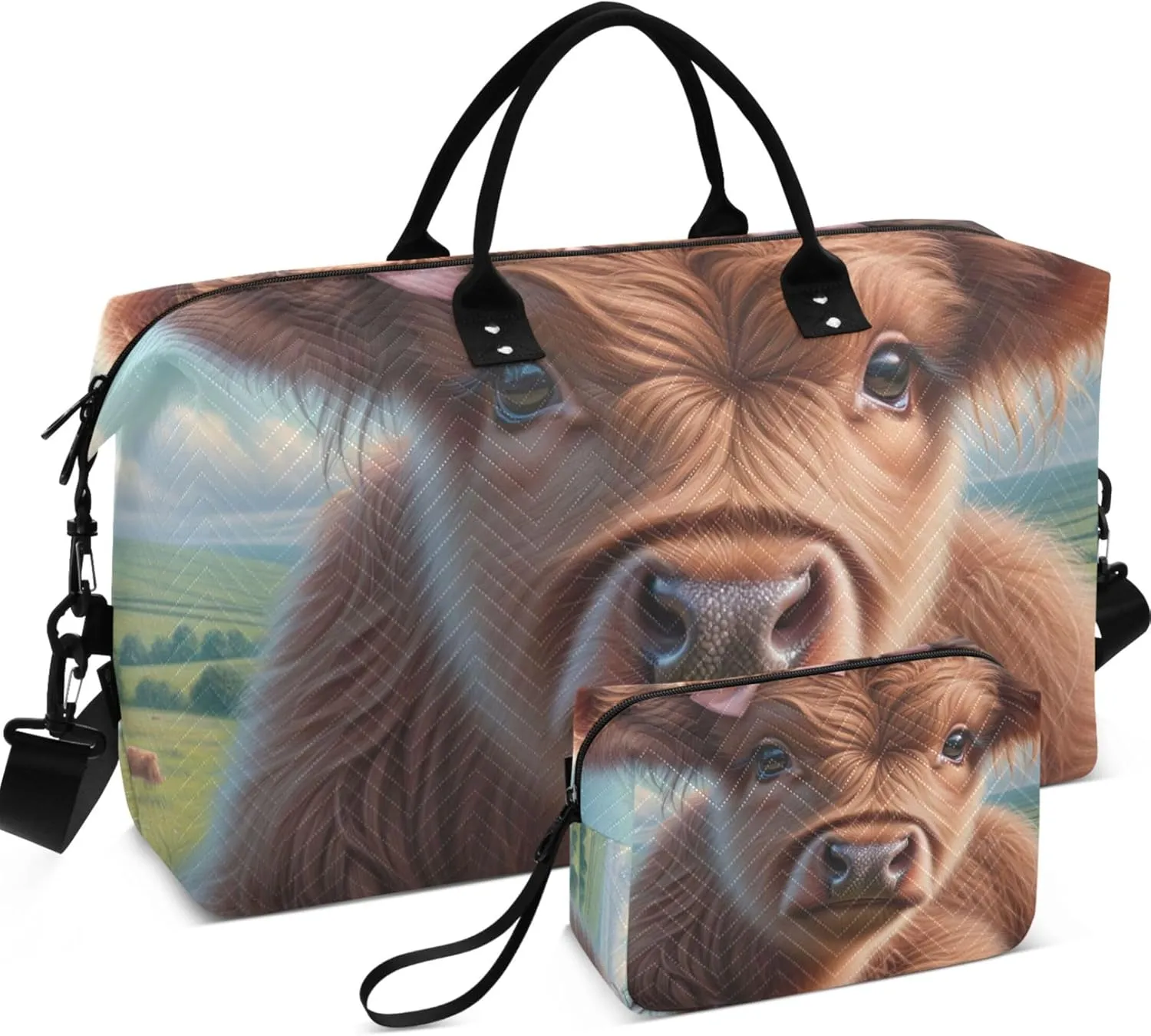 Cute Highland Calf Cow Travel Duffle Women Cosmetic Pouch Set of 2, Decorative Sports Bag Carry on Duffle