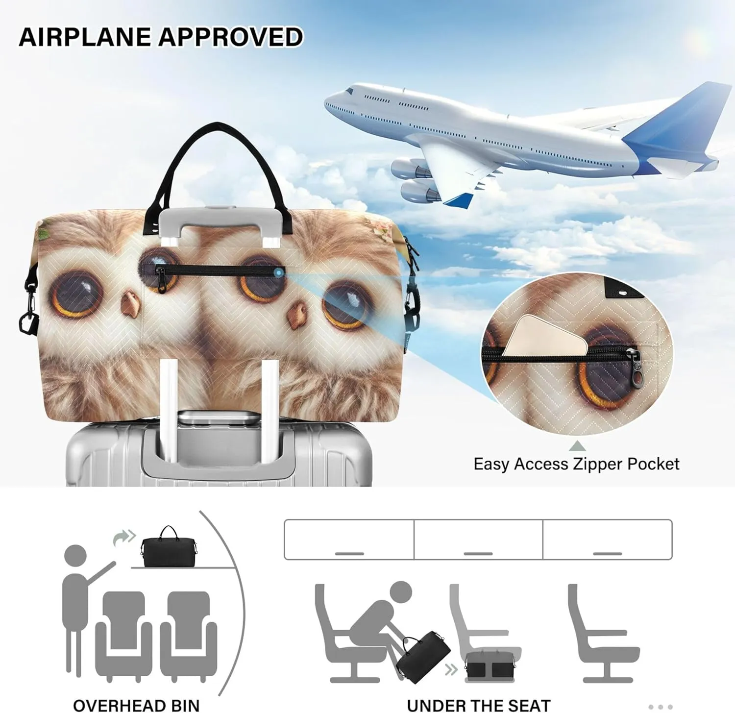 Cute Owls Flowers Duffle Travel Bag Makeup Bag Set of 2, Prints Gym Duffle Bag Traveling Bag