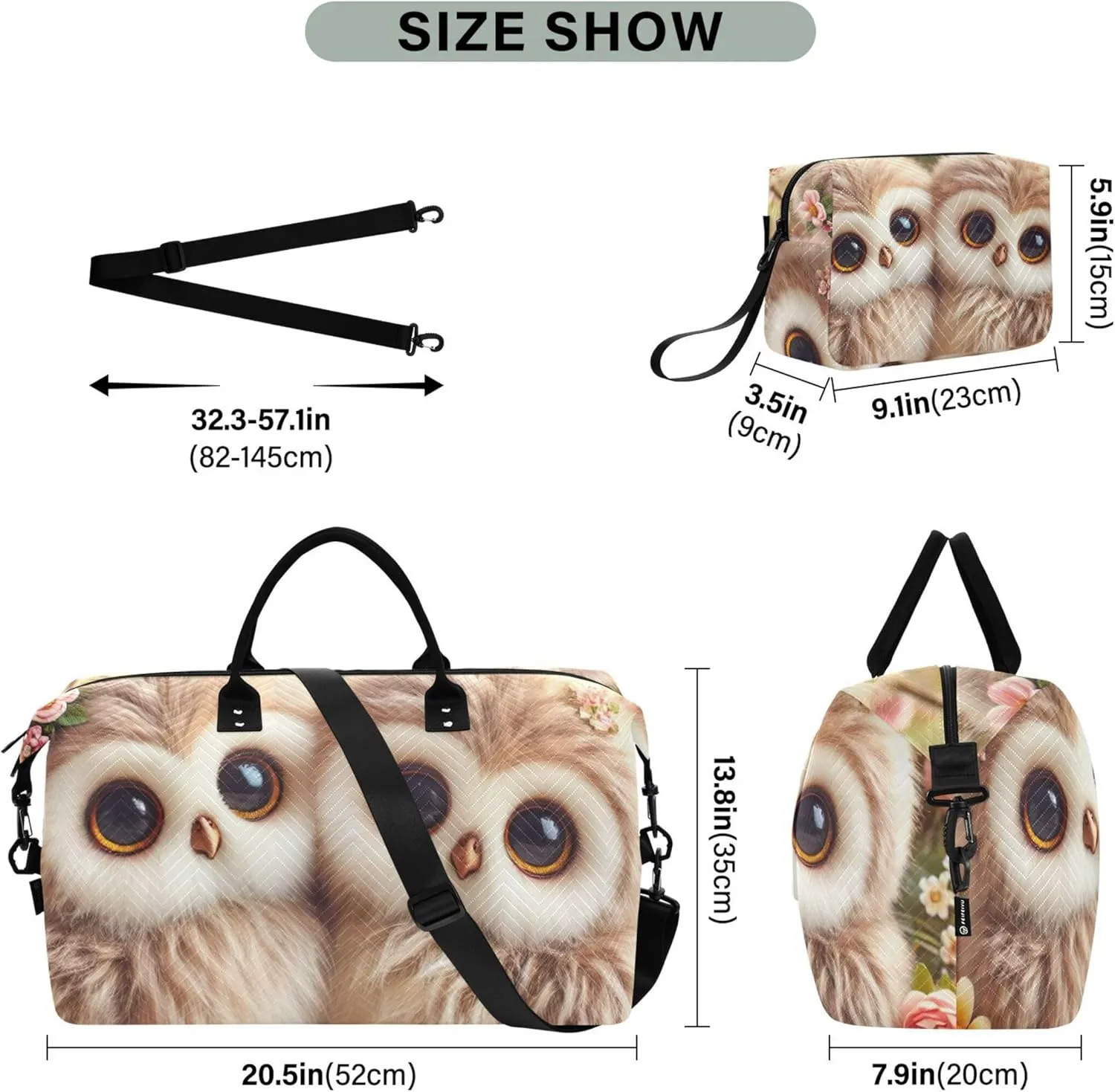 Cute Owls Flowers Duffle Travel Bag Makeup Bag Set of 2, Prints Gym Duffle Bag Traveling Bag