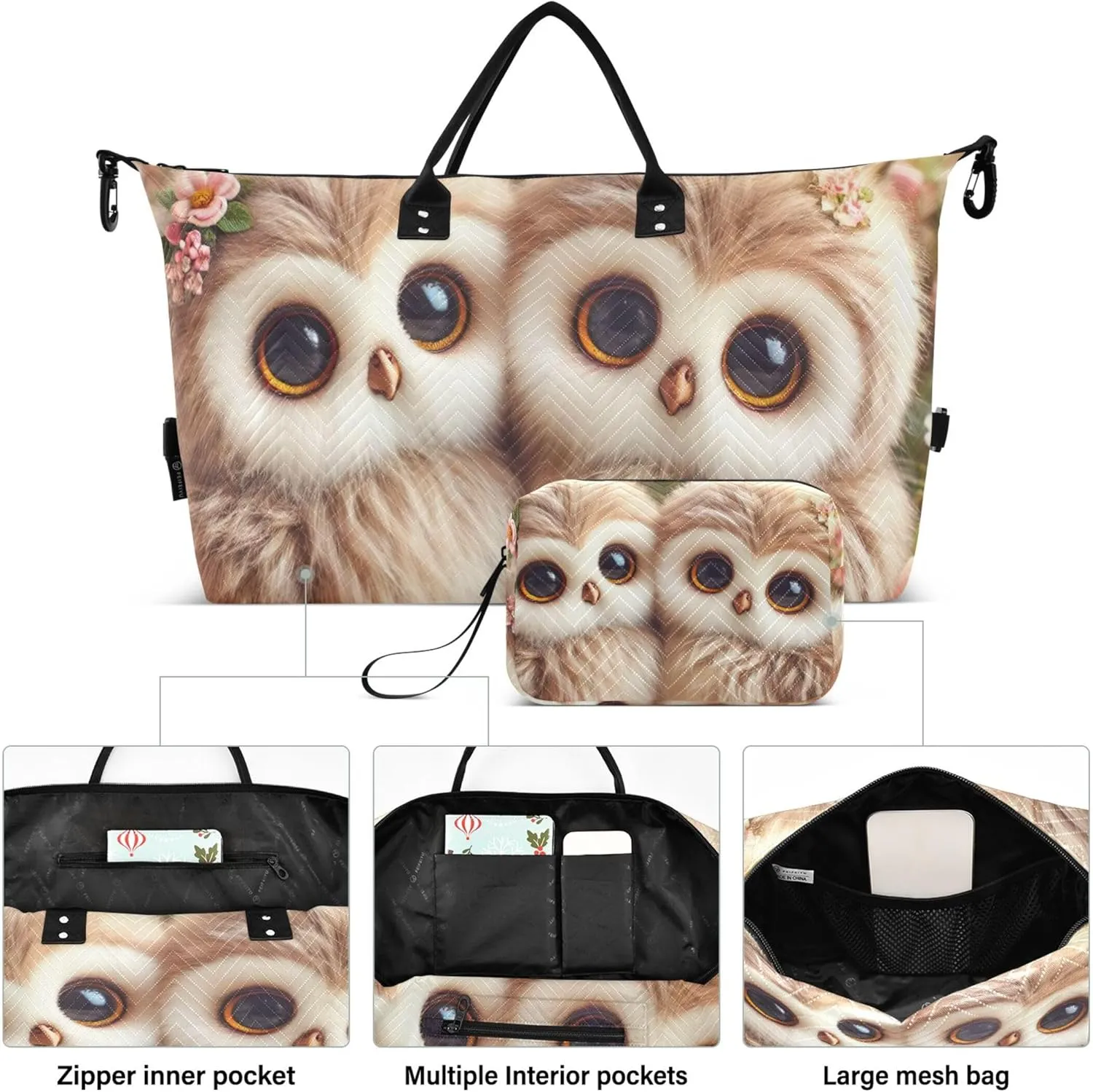 Cute Owls Flowers Duffle Travel Bag Makeup Bag Set of 2, Prints Gym Duffle Bag Traveling Bag