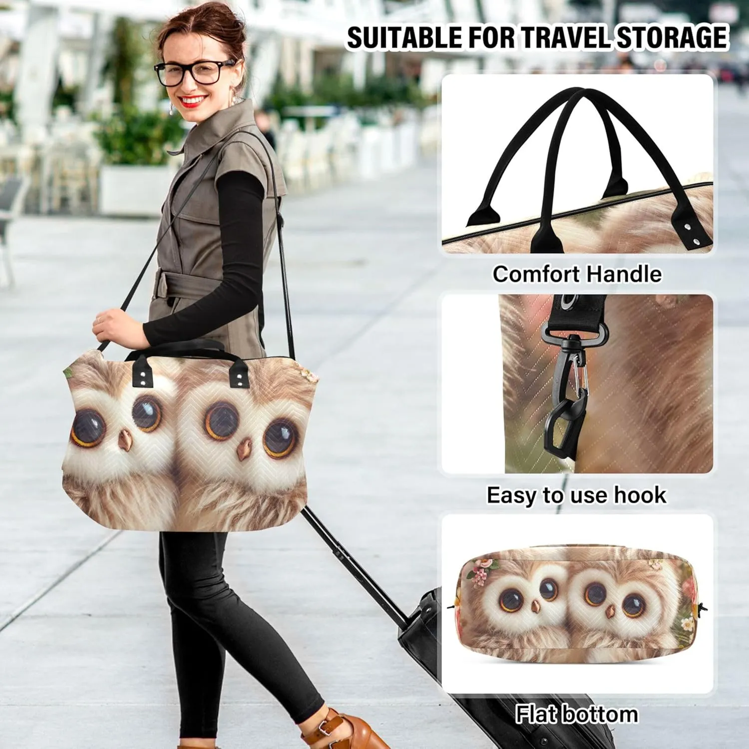 Cute Owls Flowers Duffle Travel Bag Makeup Bag Set of 2, Prints Gym Duffle Bag Traveling Bag