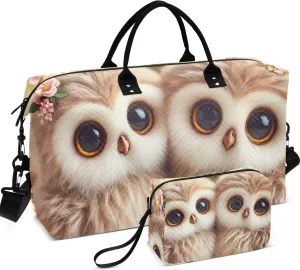 Cute Owls Flowers Duffle Travel Bag Makeup Bag Set of 2, Prints Gym Duffle Bag Traveling Bag