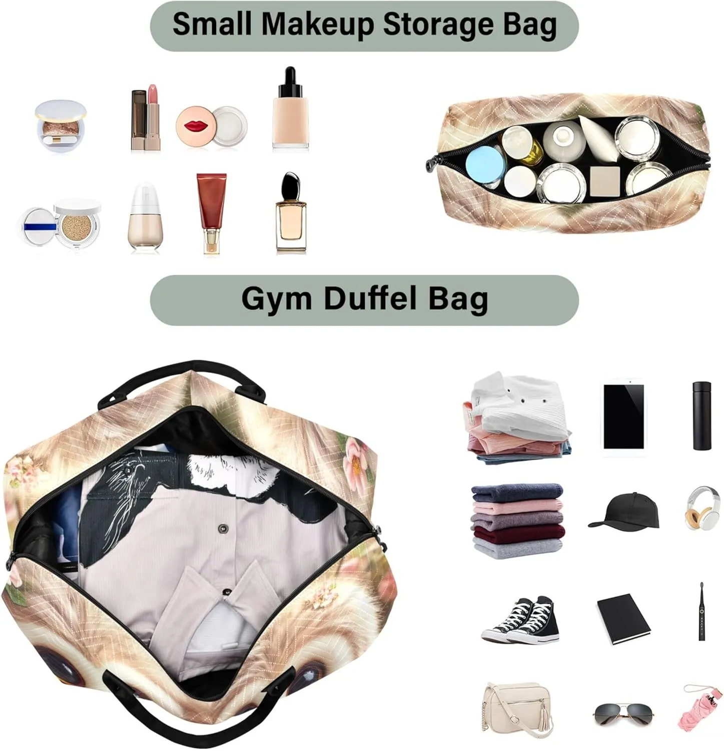 Cute Owls Flowers Duffle Travel Bag Makeup Bag Set of 2, Prints Gym Duffle Bag Traveling Bag