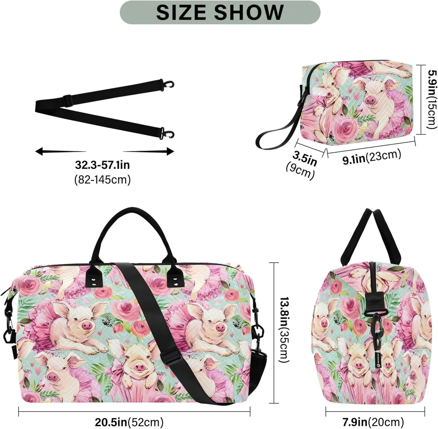 Cute Pig Watercolor Floral Duffle Bag Travel Toiletry Pouches Set, Print Women Gym Tote Bags Weekender Bag