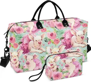 Cute Pig Watercolor Floral Duffle Bag Travel Toiletry Pouches Set, Print Women Gym Tote Bags Weekender Bag