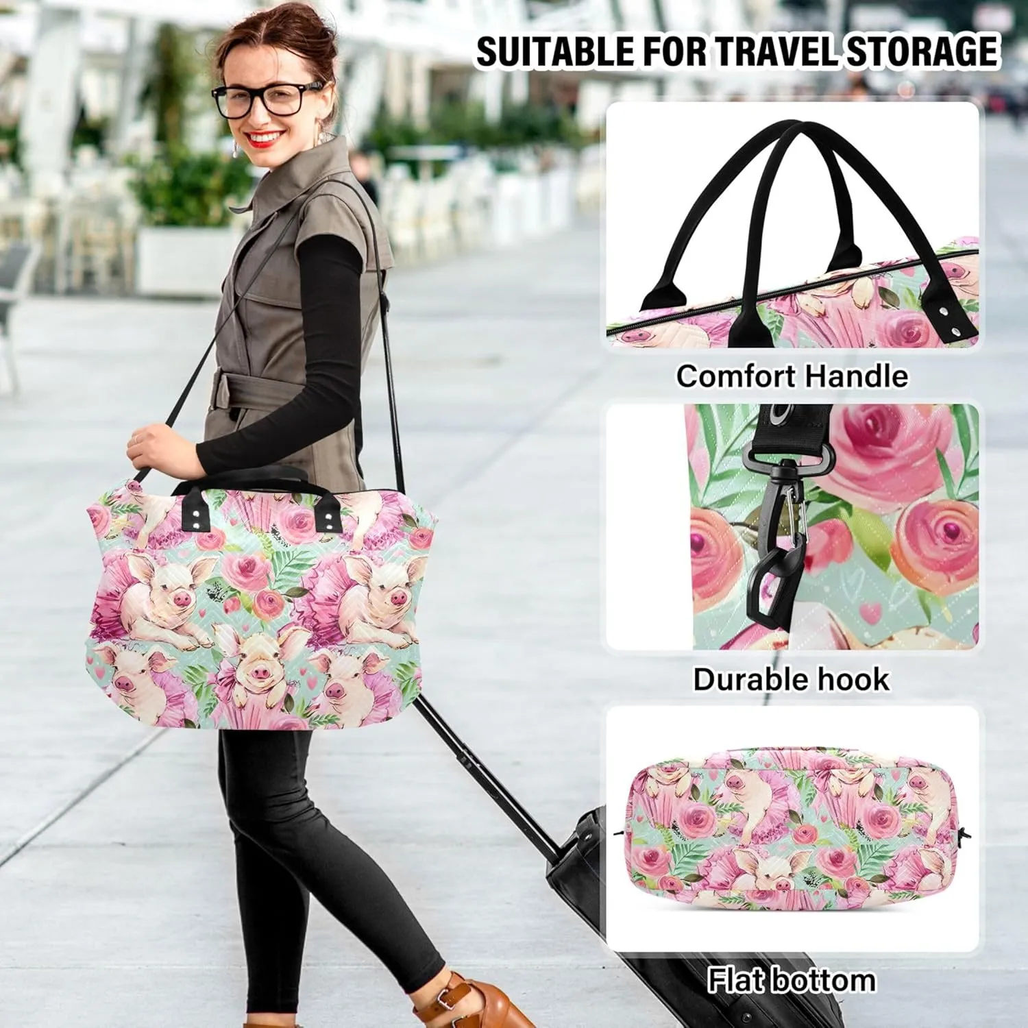 Cute Pig Watercolor Floral Duffle Bag Travel Toiletry Pouches Set, Print Women Gym Tote Bags Weekender Bag