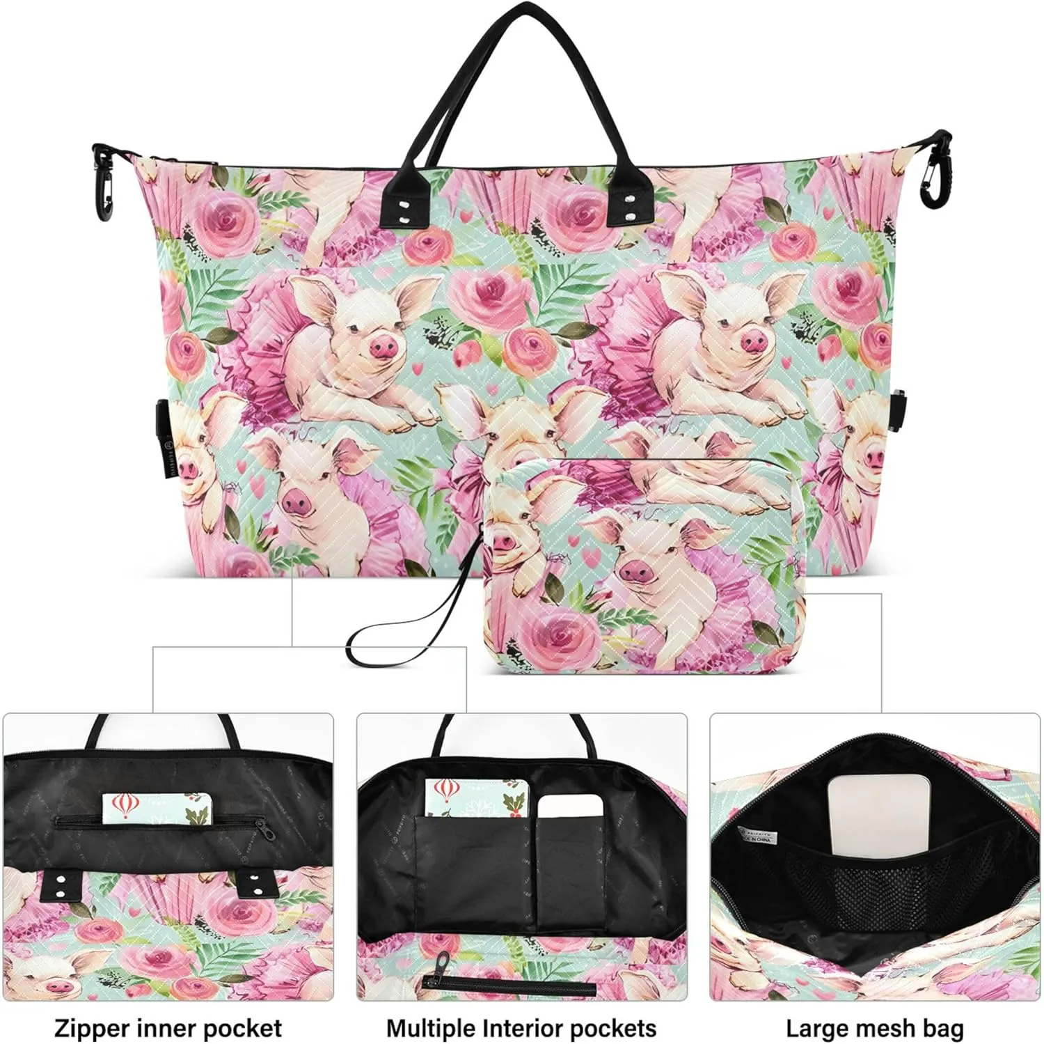Cute Pig Watercolor Floral Duffle Bag Travel Toiletry Pouches Set, Print Women Gym Tote Bags Weekender Bag