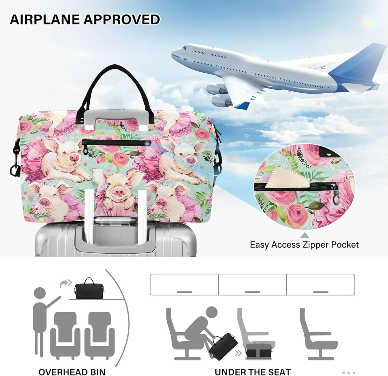 Cute Pig Watercolor Floral Duffle Bag Travel Toiletry Pouches Set, Print Women Gym Tote Bags Weekender Bag