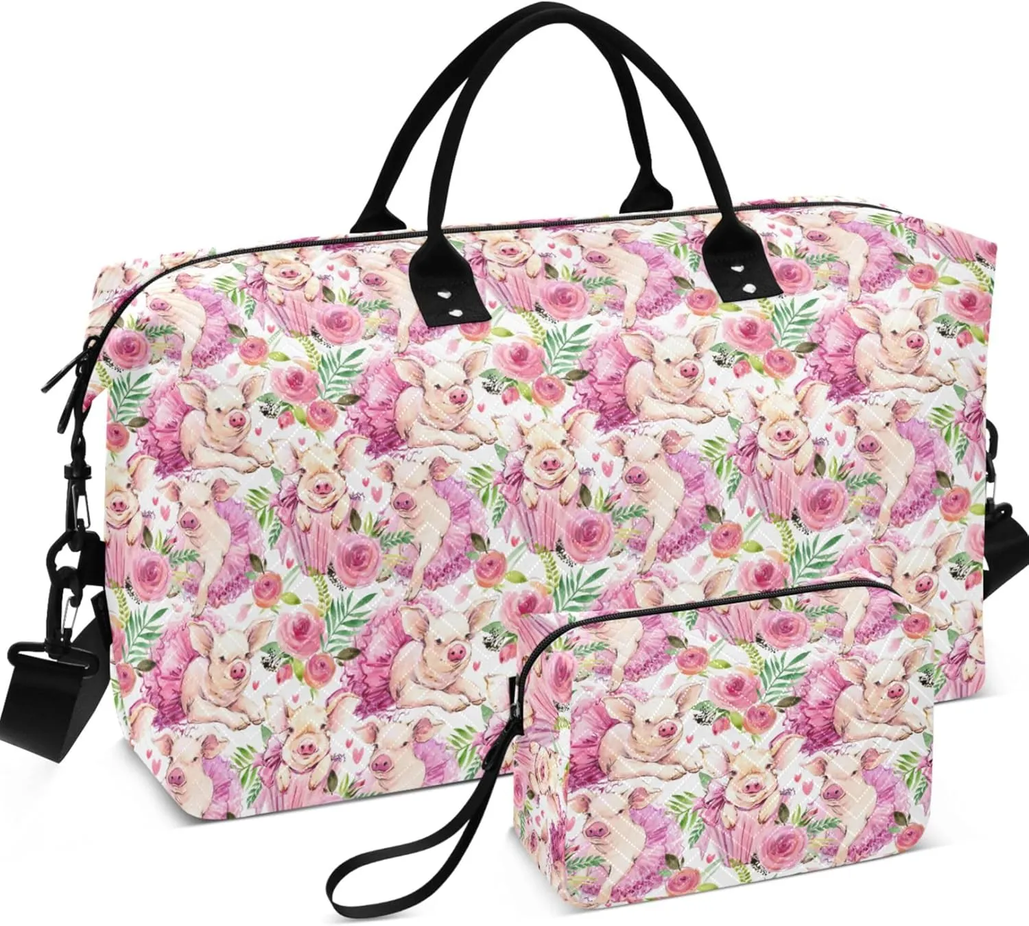 Cute Pig Watercolor Pink Travel Duffle Bags Make up Bags Set, Modern Womens Sports Dance Bag Weekend Bag Duffel