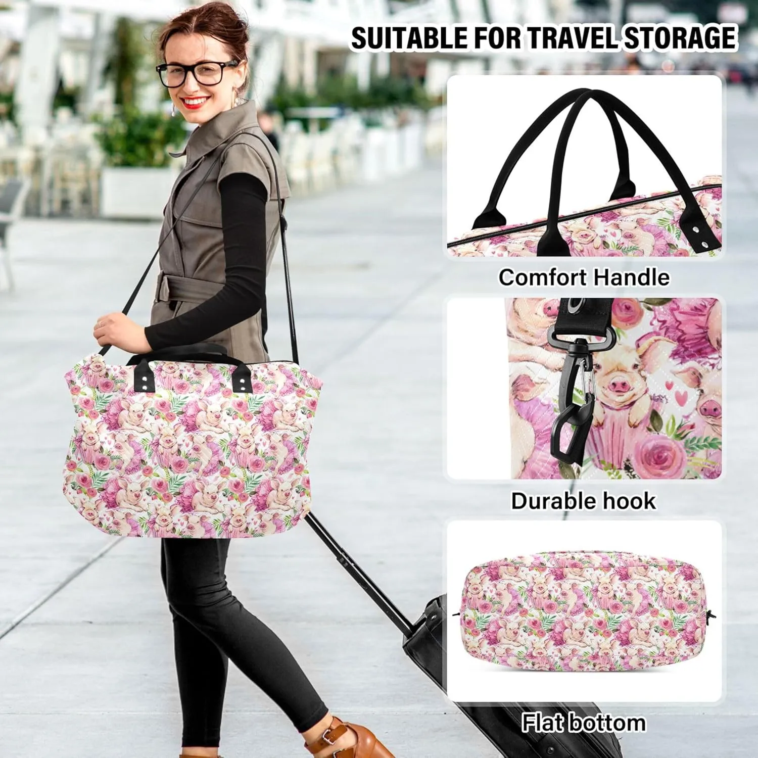Cute Pig Watercolor Pink Travel Duffle Bags Make up Bags Set, Modern Womens Sports Dance Bag Weekend Bag Duffel