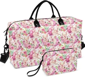 Cute Pig Watercolor Pink Travel Duffle Bags Make up Bags Set, Modern Womens Sports Dance Bag Weekend Bag Duffel