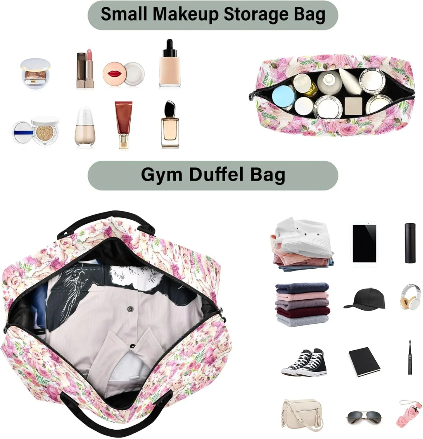 Cute Pig Watercolor Pink Travel Duffle Bags Make up Bags Set, Modern Womens Sports Dance Bag Weekend Bag Duffel