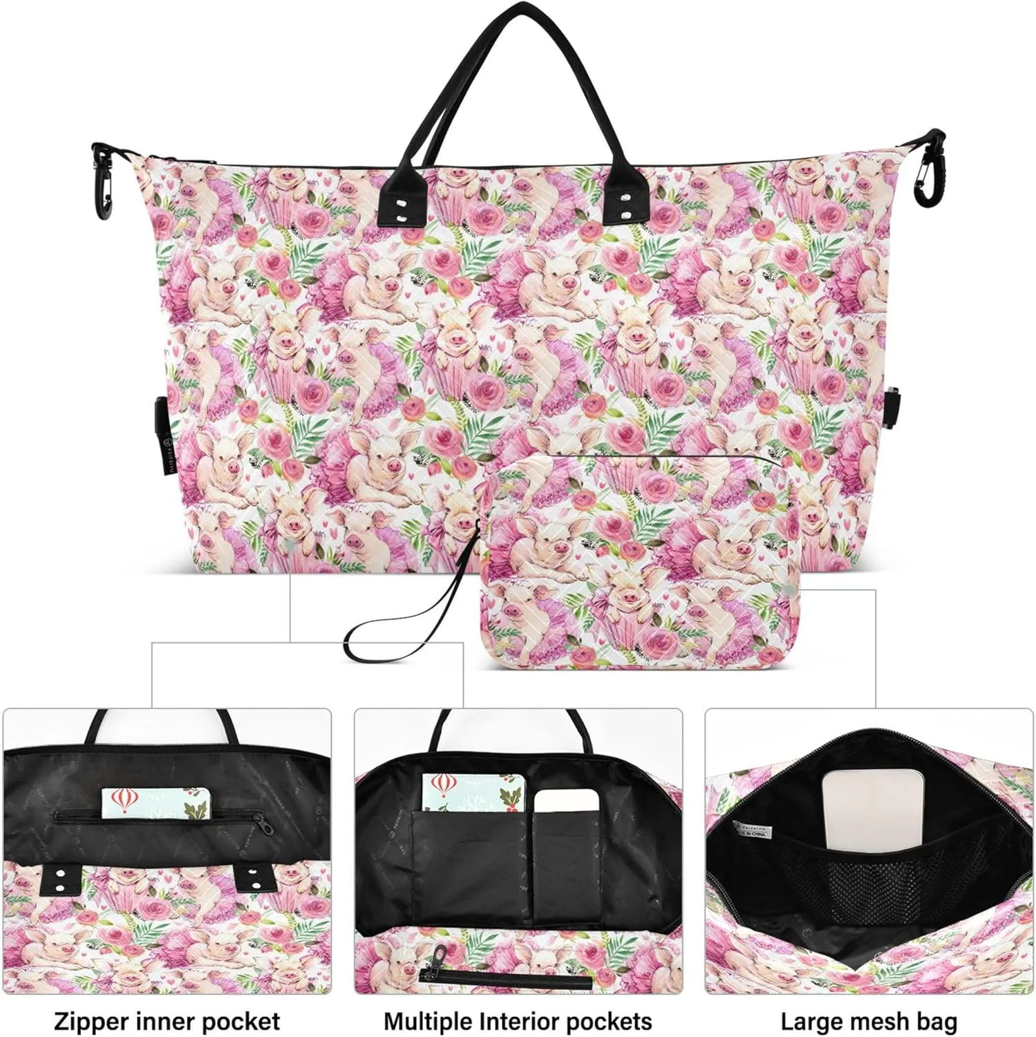 Cute Pig Watercolor Pink Travel Duffle Bags Make up Bags Set, Modern Womens Sports Dance Bag Weekend Bag Duffel