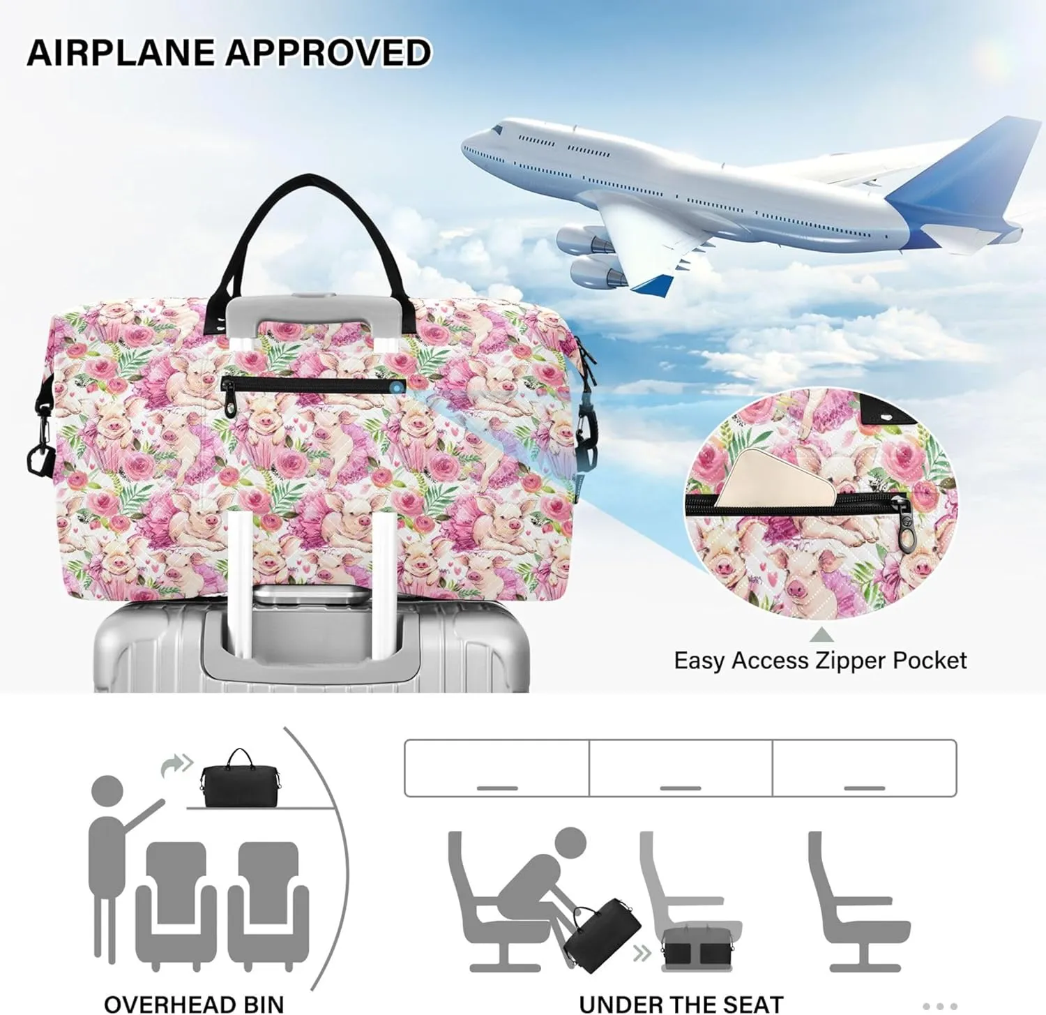 Cute Pig Watercolor Pink Travel Duffle Bags Make up Bags Set, Modern Womens Sports Dance Bag Weekend Bag Duffel