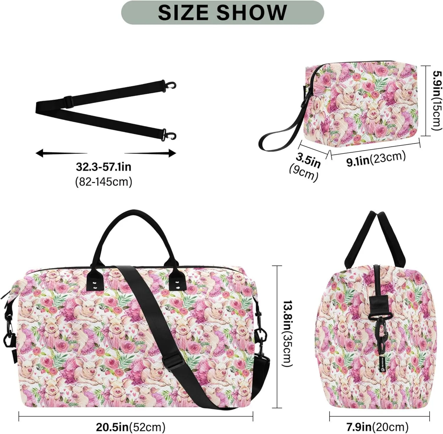 Cute Pig Watercolor Pink Travel Duffle Bags Make up Bags Set, Modern Womens Sports Dance Bag Weekend Bag Duffel