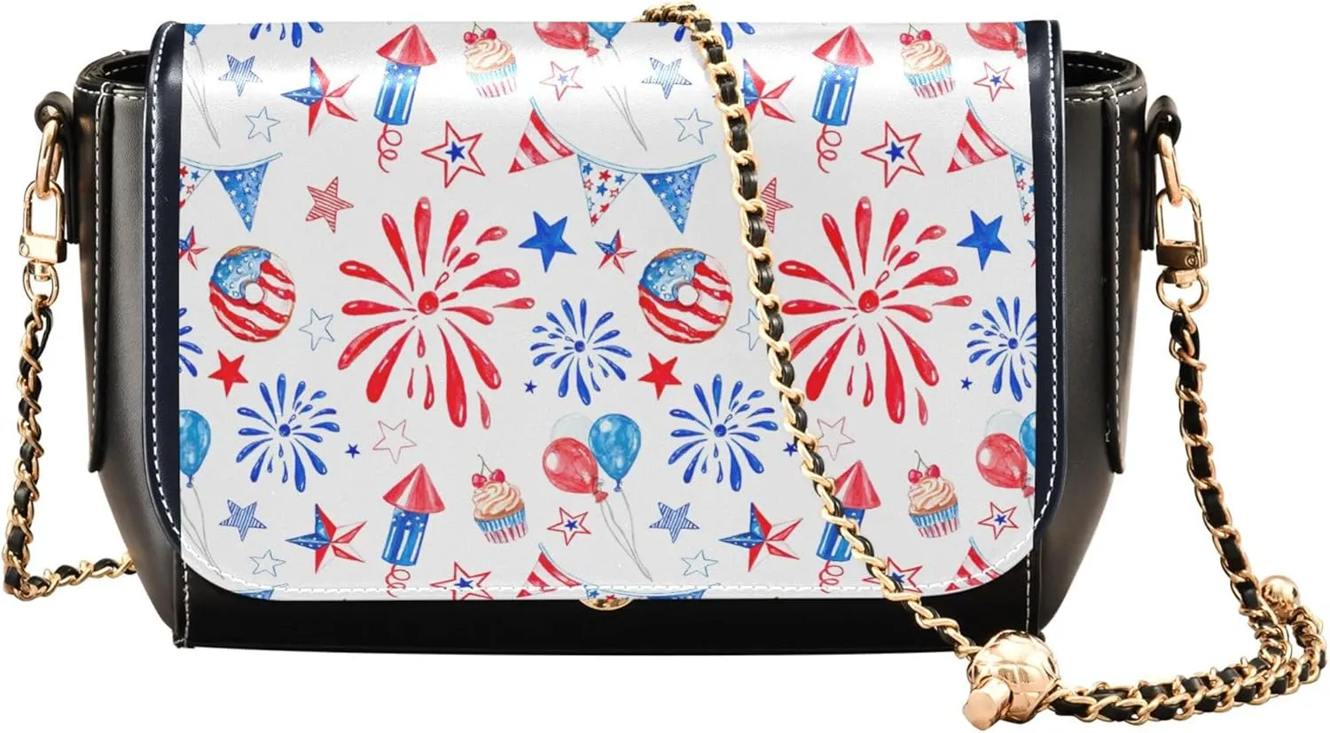 Cute Print PU Leather Shoulder Bag, Watercolor Memorial Day 4Th July Crossbody Bags Women Handbag with Chain Strap