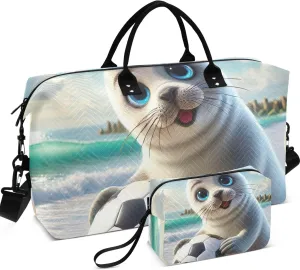 Cute Seal Beach Travel Duffle Women Make up Bags Set of 2, Animal Floral Women Small Duffel Bag Duffel for Traveling