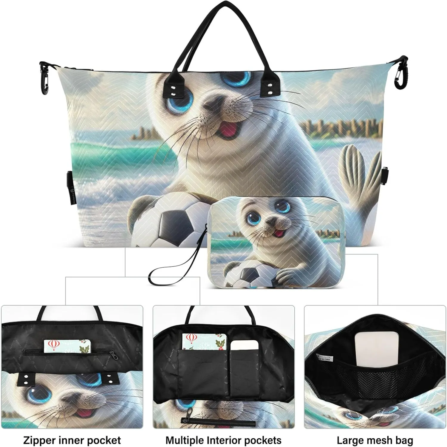 Cute Seal Beach Travel Duffle Women Make up Bags Set of 2, Animal Floral Women Small Duffel Bag Duffel for Traveling