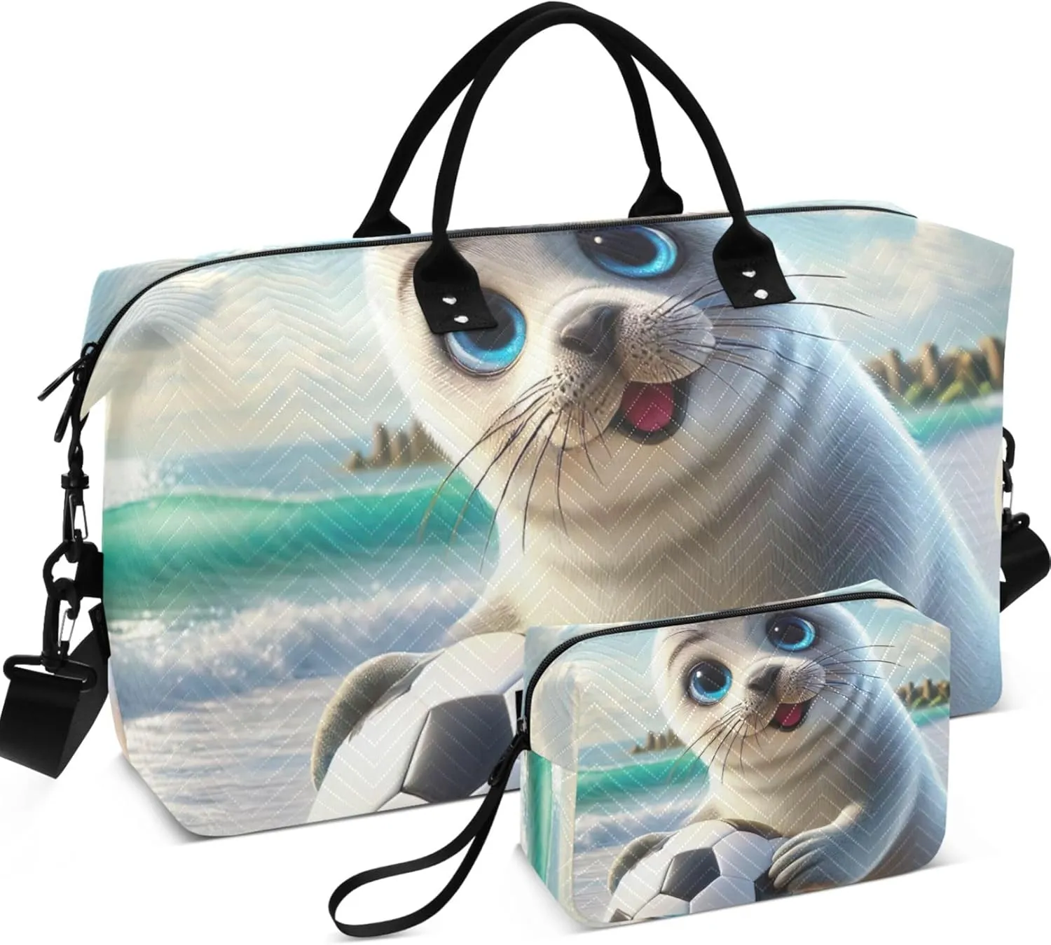Cute Seal Beach Travel Duffle Women Make up Bags Set of 2, Animal Floral Women Small Duffel Bag Duffel for Traveling