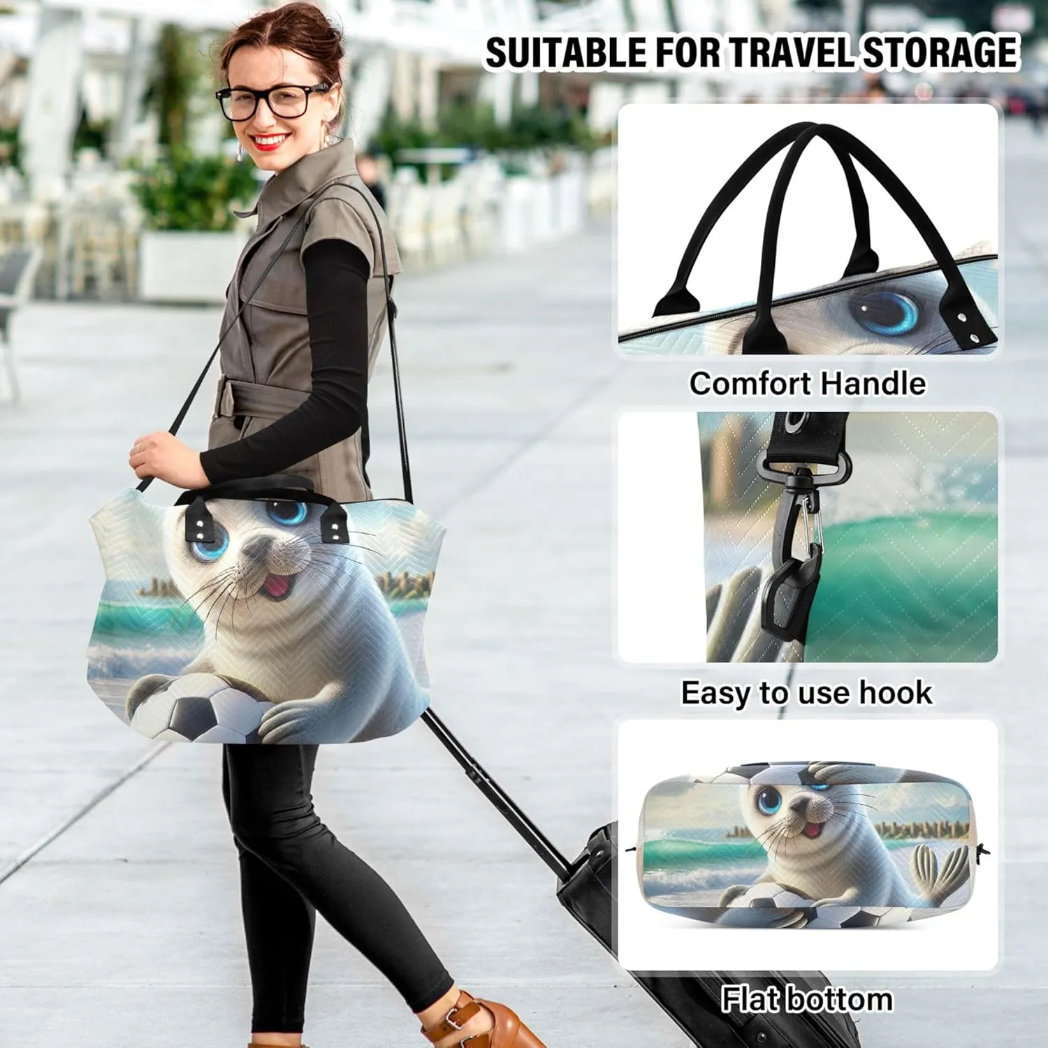 Cute Seal Beach Travel Duffle Women Make up Bags Set of 2, Animal Floral Women Small Duffel Bag Duffel for Traveling