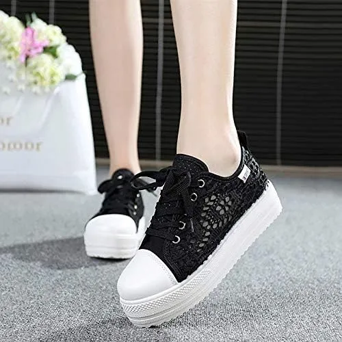 Cutouts Lace Canvas Shoes Hollow Floral Print Breathable Platform Women Casual Shoes Woman (White,7.5)