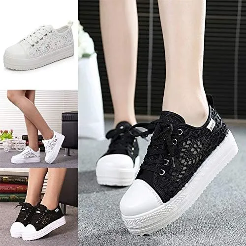 Cutouts Lace Canvas Shoes Hollow Floral Print Breathable Platform Women Casual Shoes Woman (White,7.5)
