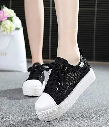 Cutouts Lace Canvas Shoes Hollow Floral Print Breathable Platform Women Casual Shoes Woman (White,7)