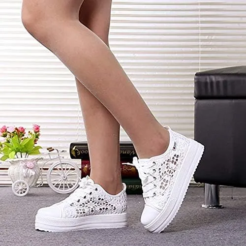 Cutouts Lace Canvas Shoes Hollow Floral Print Breathable Platform Women Casual Shoes Woman (White,7)