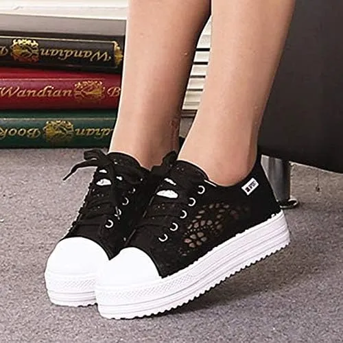 Cutouts Lace Canvas Shoes Hollow Floral Print Breathable Platform Women Casual Shoes Woman (White,7)