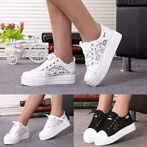 Cutouts Lace Canvas Shoes Hollow Floral Print Breathable Platform Women Casual Shoes Woman (White,7)