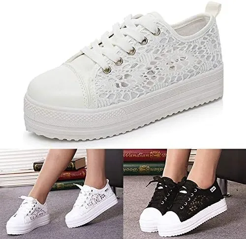 Cutouts Lace Canvas Shoes Hollow Floral Print Breathable Platform Women Casual Shoes Woman (White,7)