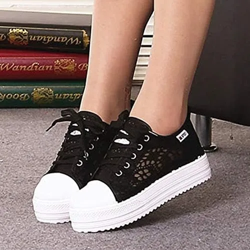 Cutouts Lace Canvas Shoes Hollow Floral Print Breathable Platform Women Casual Shoes Woman (White,7)