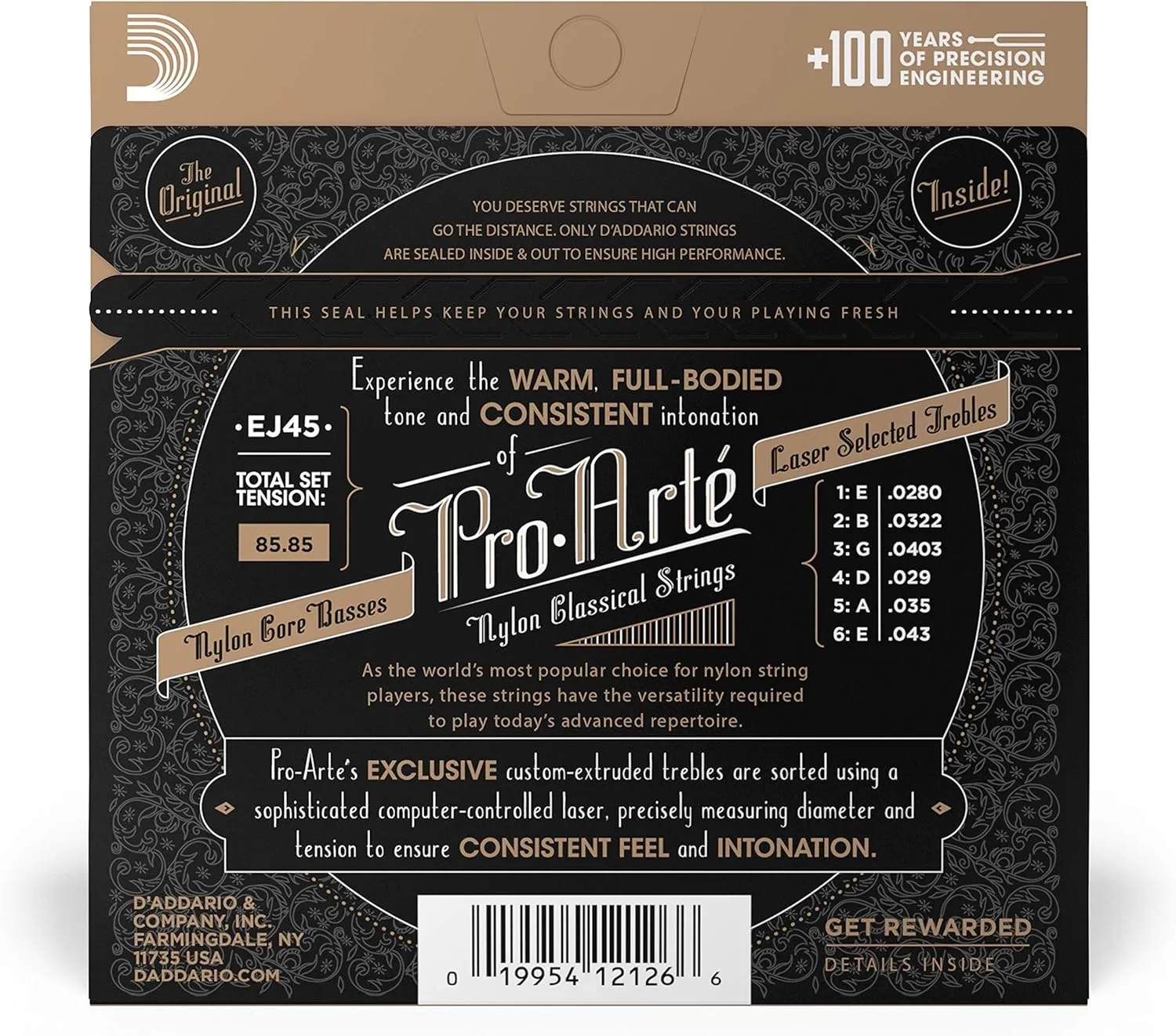 D'Addario EJ45 Pro-Arte Nylon Classical Guitar Strings, Normal Tension – Nylon Core Basses, Laser Selected Trebles - Offers Balance of Volume and Comfortable Resistance – 1 Set