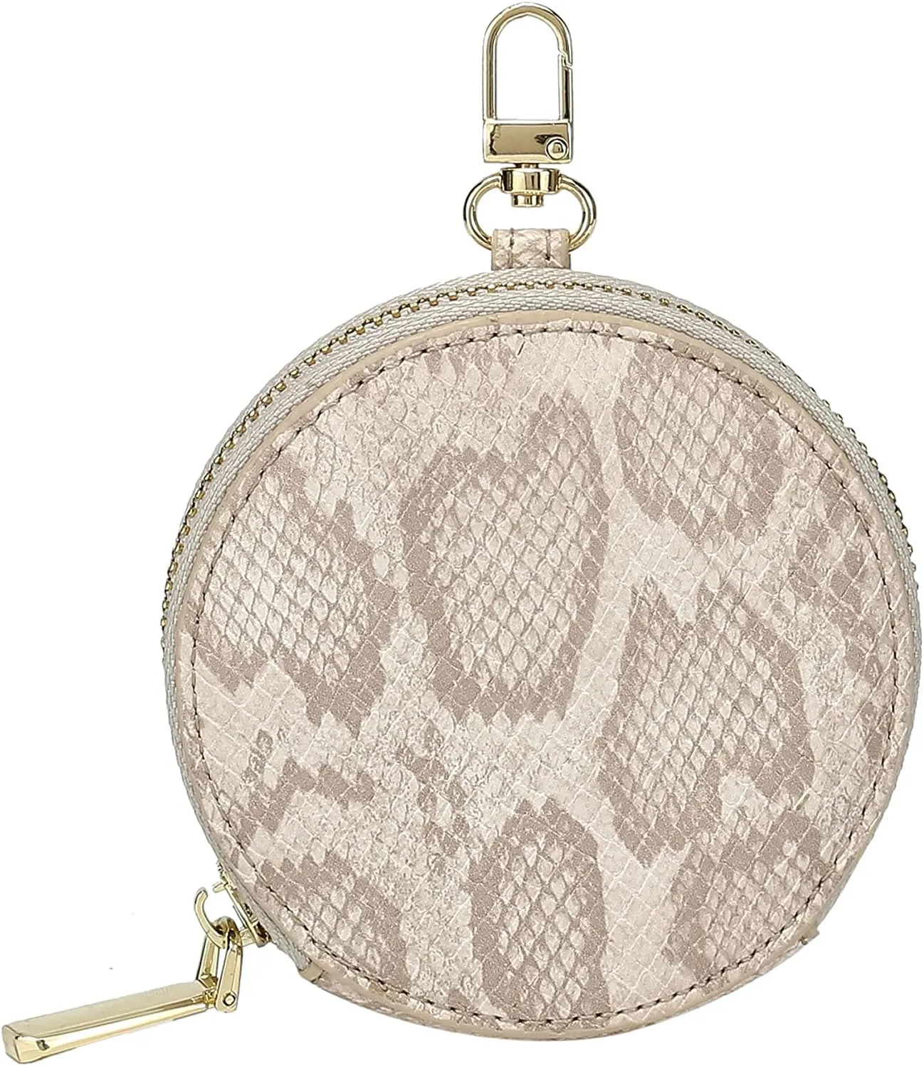 Daisy Rose Round Coin Purse Pouch Change Wallet Holder with Clasp - PU Vegan Leather - Cream Snake