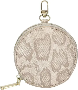 Daisy Rose Round Coin Purse Pouch Change Wallet Holder with Clasp - PU Vegan Leather - Cream Snake