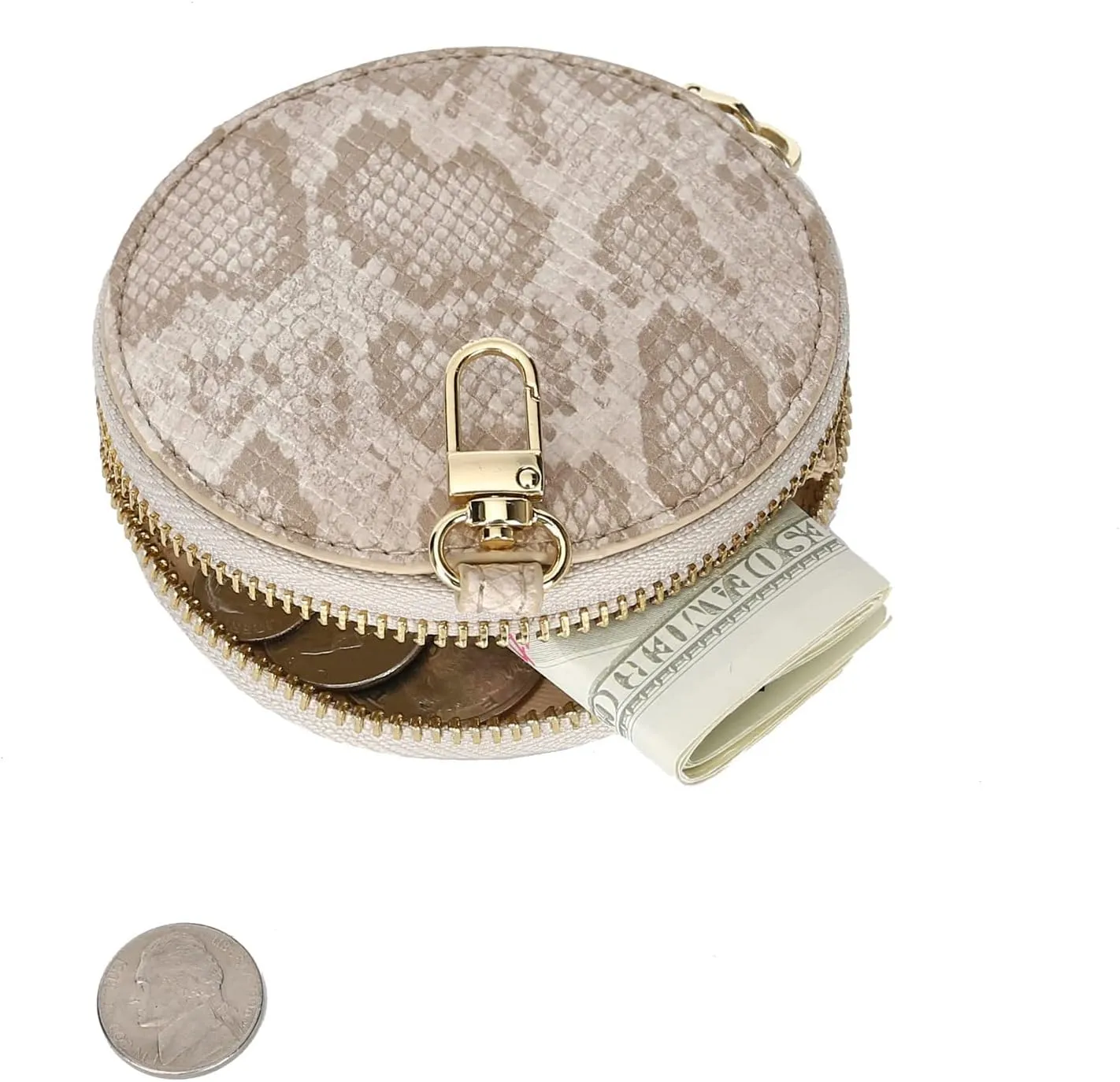 Daisy Rose Round Coin Purse Pouch Change Wallet Holder with Clasp - PU Vegan Leather - Cream Snake