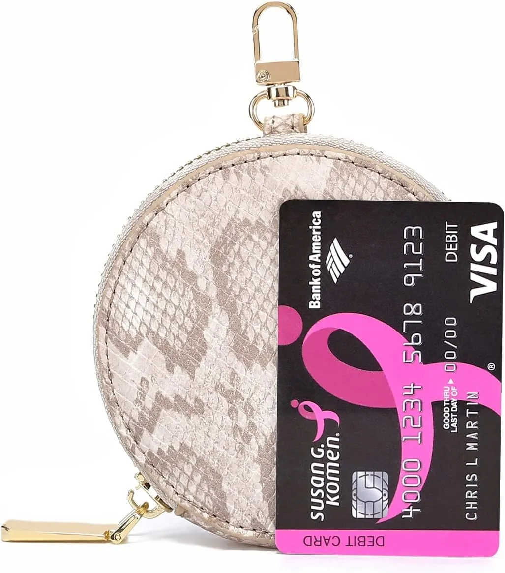 Daisy Rose Round Coin Purse Pouch Change Wallet Holder with Clasp - PU Vegan Leather - Cream Snake