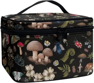 Dark Cottagecore Forest Mystical Moss Mushroom Print Makeup Travel Bag Portable Cosmetic Bags with Handle Travel Accessories Large Toiletry Bags for Traveling Women Organizer and Storage