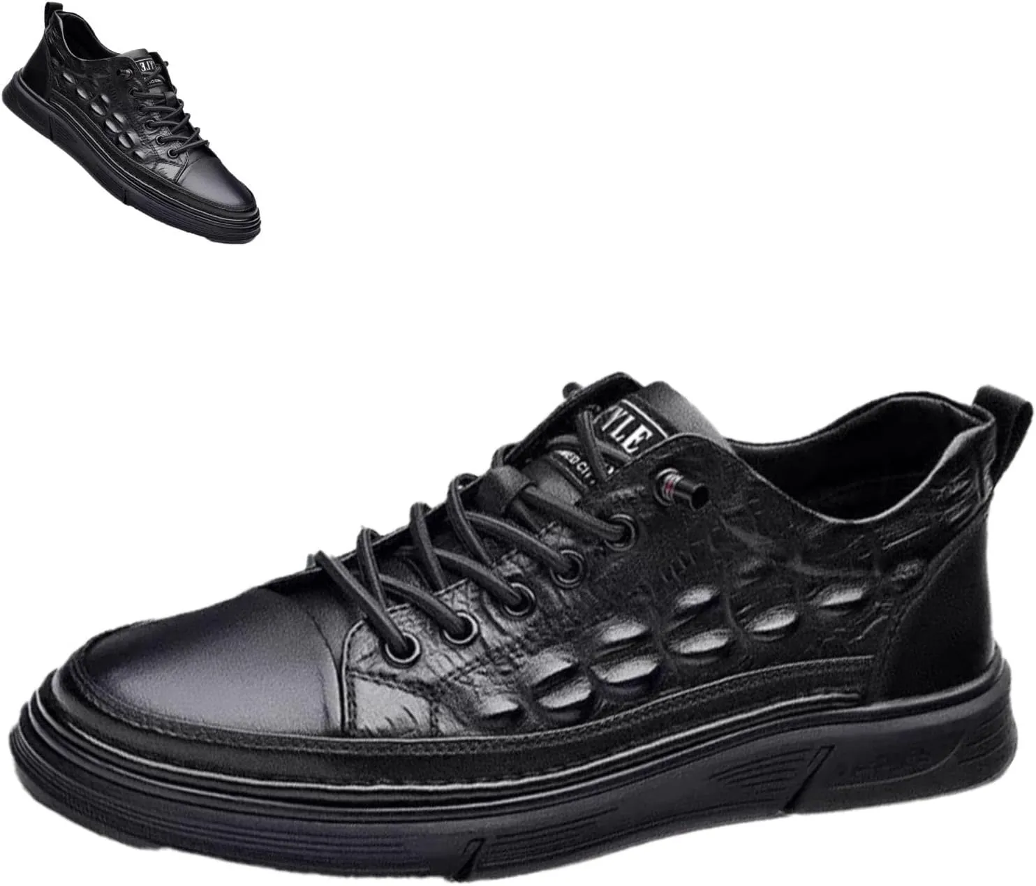 DevilAngel Men's Leather Crocodile Pattern Leather Shoes, Embossed Arch Support Leather Shoes, Sports Air Cushion Sneakers. (Black-A,8)