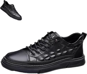 DevilAngel Men's Leather Crocodile Pattern Leather Shoes, Embossed Arch Support Leather Shoes, Sports Air Cushion Sneakers. (Black-A,8)