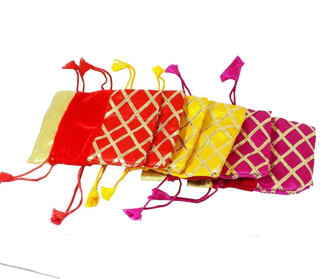 DMS RETAIL Return Gift Bags/Wedding Party Favor/Jewellery Pouch/Shagun Gift Pouch/Velvet Shimmer Potli Bag/Shagun Pouch/Batwa/Small Pouch Pack of 4 (Small)
