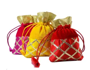 DMS RETAIL Return Gift Bags/Wedding Party Favor/Jewellery Pouch/Shagun Gift Pouch/Velvet Shimmer Potli Bag/Shagun Pouch/Batwa/Small Pouch Pack of 4 (Small)