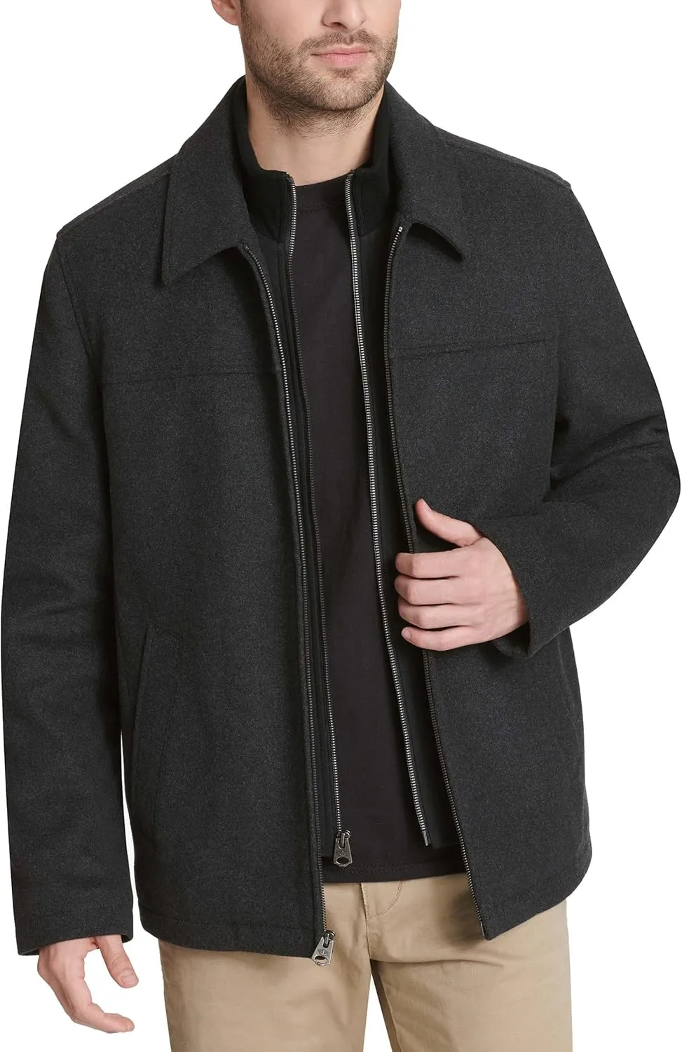Dockers Men's Wool Blend Zip Up Jacket with Quilted Bib