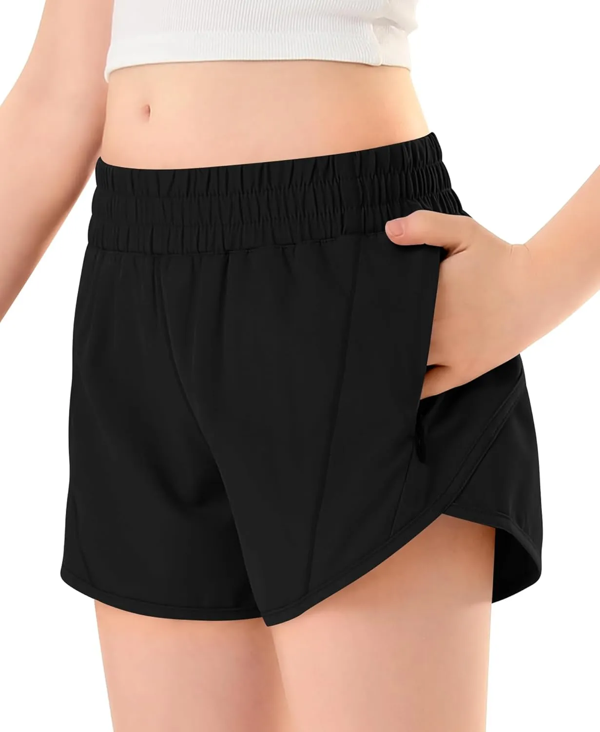 DOCUMO Girls Athletic Shorts with Zipper Pocket, Liner Quick Dry Running Shorts for Kids Teen Girls Active Sports Shorts